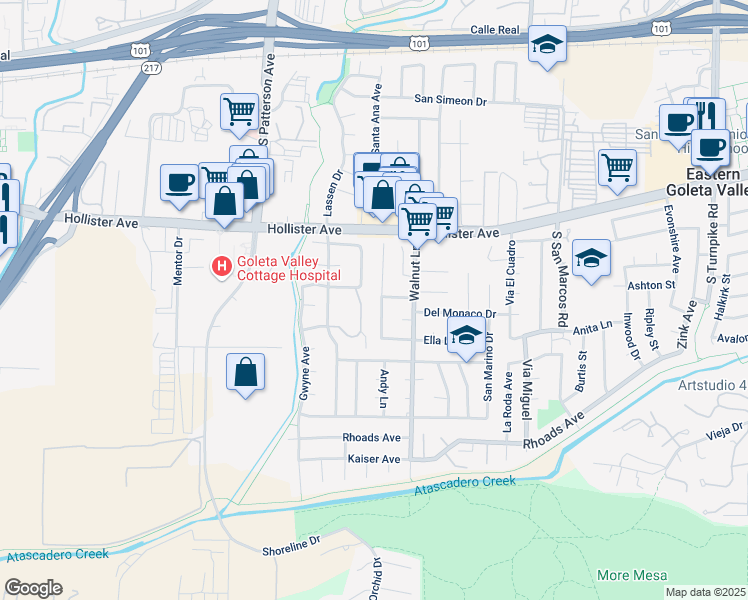 map of restaurants, bars, coffee shops, grocery stores, and more near 386 Cinderella Lane in Santa Barbara