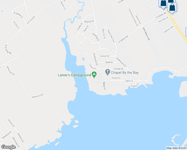 map of restaurants, bars, coffee shops, grocery stores, and more near 308 Angelfish Drive in Holly Ridge