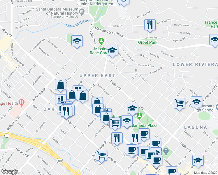 map of restaurants, bars, coffee shops, grocery stores, and more near 218 East Pedregosa Street in Santa Barbara
