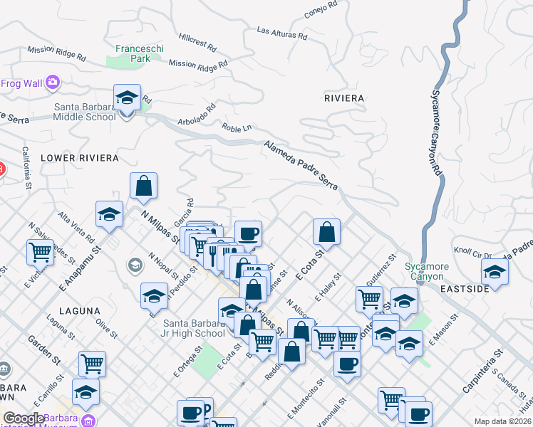 map of restaurants, bars, coffee shops, grocery stores, and more near 814 Soledad Avenue in Santa Barbara
