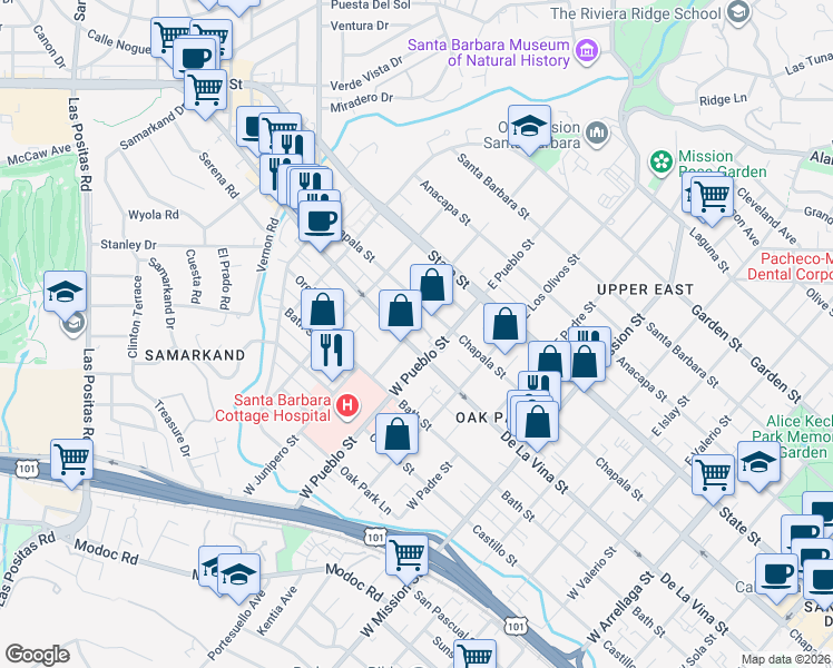 map of restaurants, bars, coffee shops, grocery stores, and more near 2320 De La Vina Street in Santa Barbara