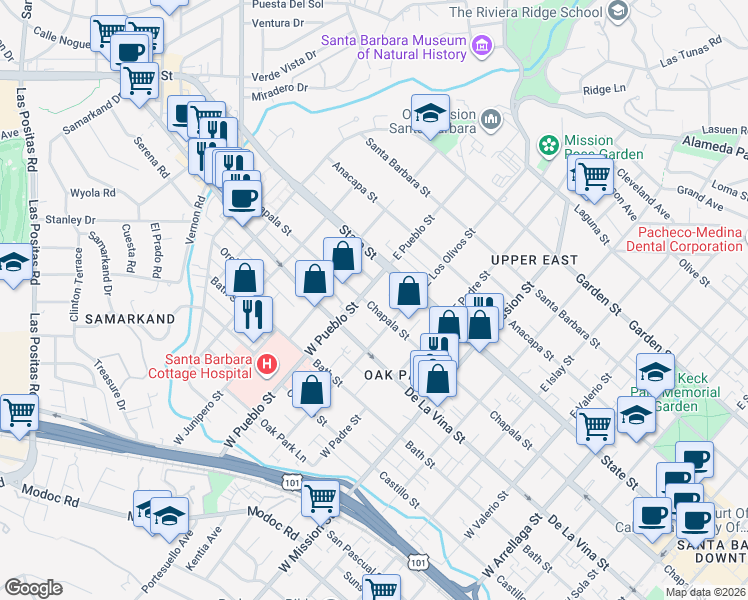 map of restaurants, bars, coffee shops, grocery stores, and more near 2228 Chapala Street in Santa Barbara