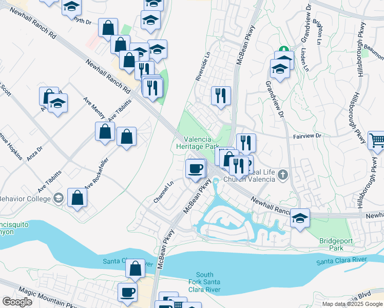 map of restaurants, bars, coffee shops, grocery stores, and more near 24190 Newhall Ranch Road in Santa Clarita