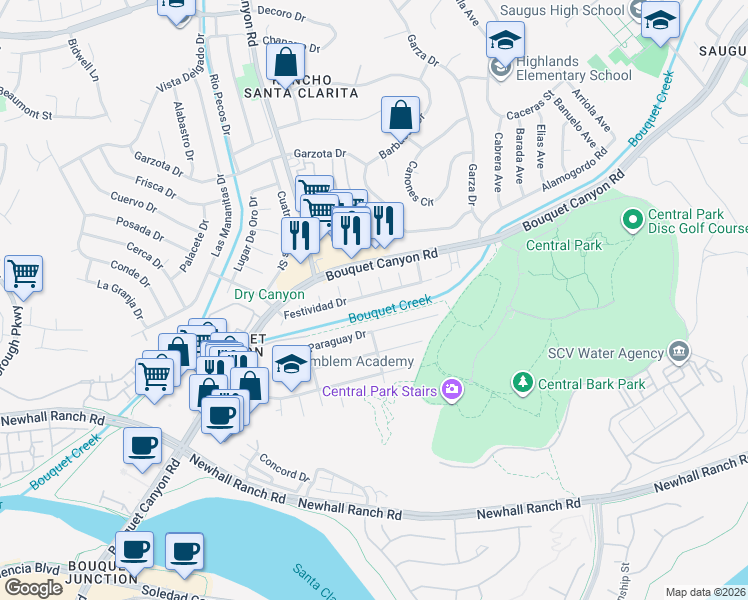 map of restaurants, bars, coffee shops, grocery stores, and more near 22500 Festividad Drive in Santa Clarita
