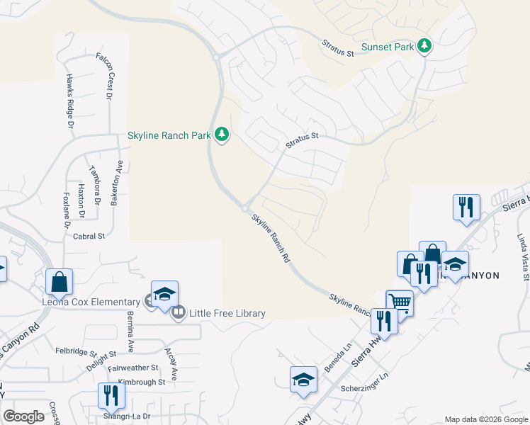 map of restaurants, bars, coffee shops, grocery stores, and more near 18216 Aerie Way in Santa Clarita