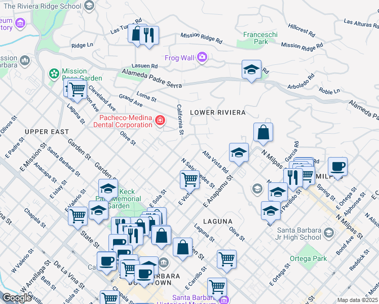 map of restaurants, bars, coffee shops, grocery stores, and more near 618 De La Vista Avenue in Santa Barbara