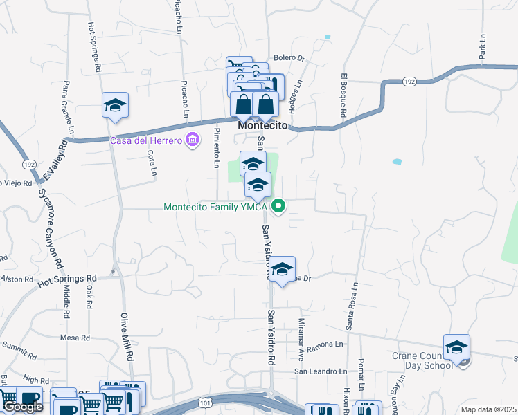 map of restaurants, bars, coffee shops, grocery stores, and more near 385 San Ysidro Road in Montecito
