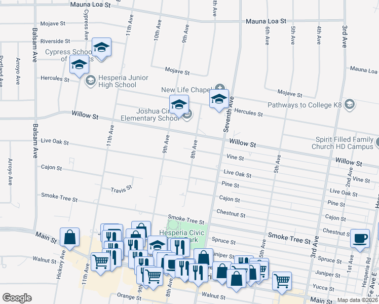 map of restaurants, bars, coffee shops, grocery stores, and more near 10000 8th Avenue in Hesperia