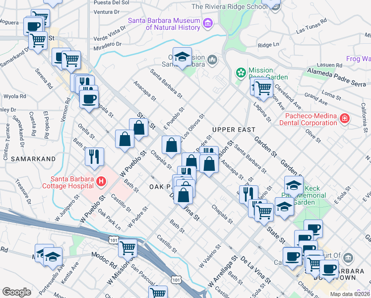 map of restaurants, bars, coffee shops, grocery stores, and more near 2124 State Street in Santa Barbara