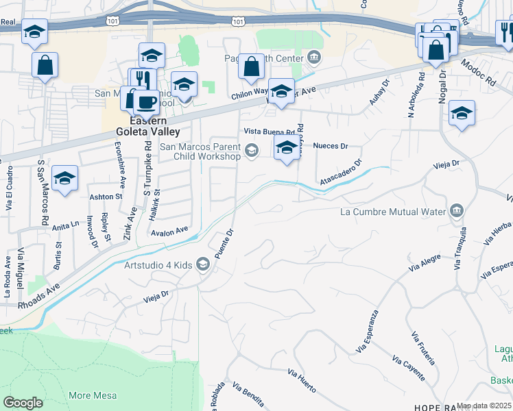 map of restaurants, bars, coffee shops, grocery stores, and more near 518 Via Rueda in Santa Barbara