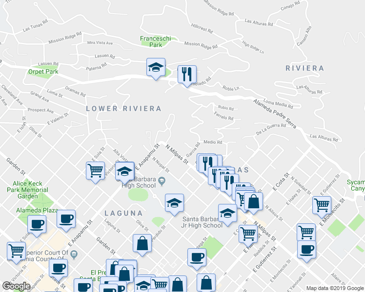 map of restaurants, bars, coffee shops, grocery stores, and more near 1021 San Diego Road in Santa Barbara