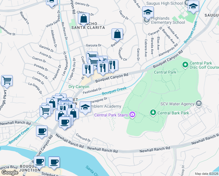 map of restaurants, bars, coffee shops, grocery stores, and more near 22500 Festividad Drive in Santa Clarita