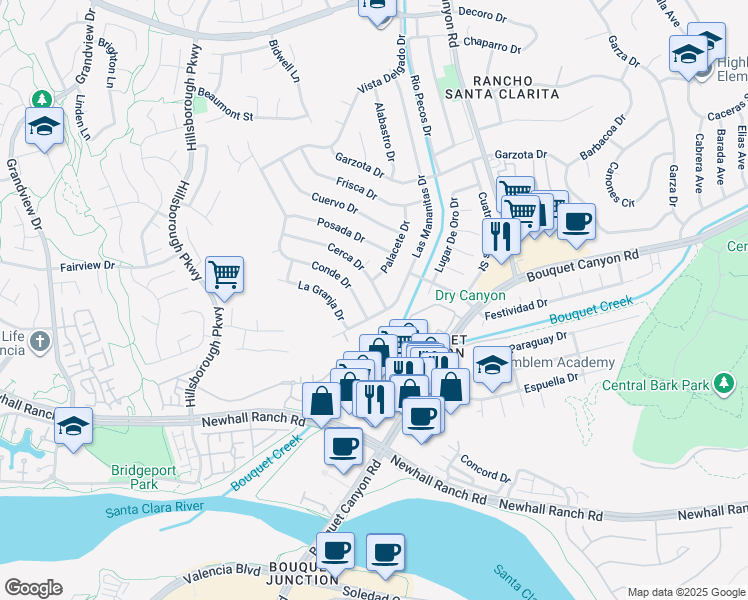 map of restaurants, bars, coffee shops, grocery stores, and more near 22914 Cerca Drive in Santa Clarita