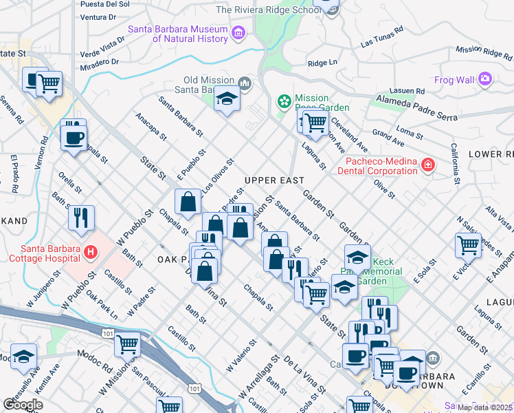 map of restaurants, bars, coffee shops, grocery stores, and more near 115 East Mission Street in Santa Barbara