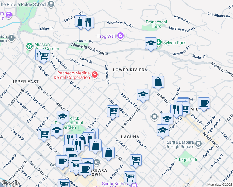 map of restaurants, bars, coffee shops, grocery stores, and more near 631 East Sola Street in Santa Barbara