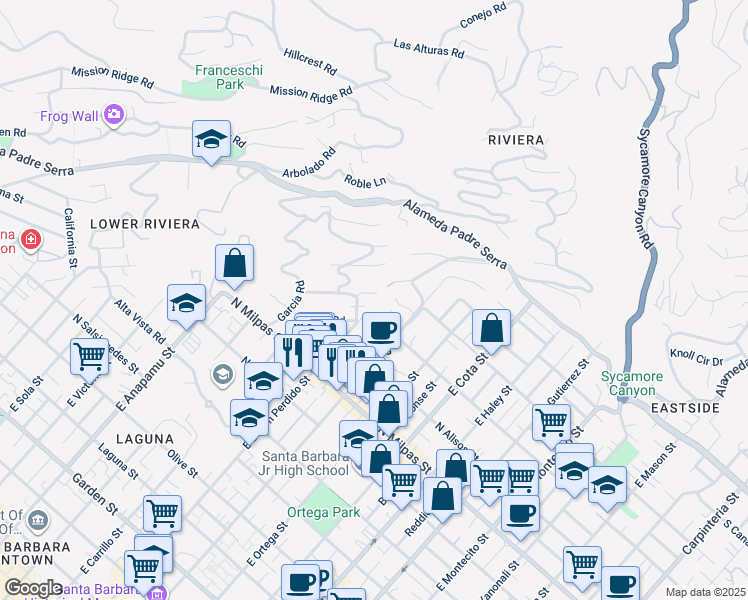 map of restaurants, bars, coffee shops, grocery stores, and more near 968 Medio Road in Santa Barbara