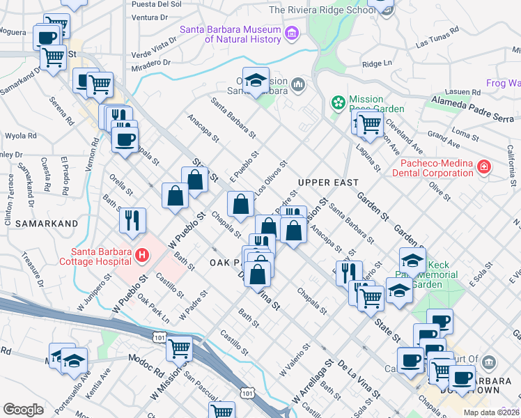map of restaurants, bars, coffee shops, grocery stores, and more near 2124 State Street in Santa Barbara