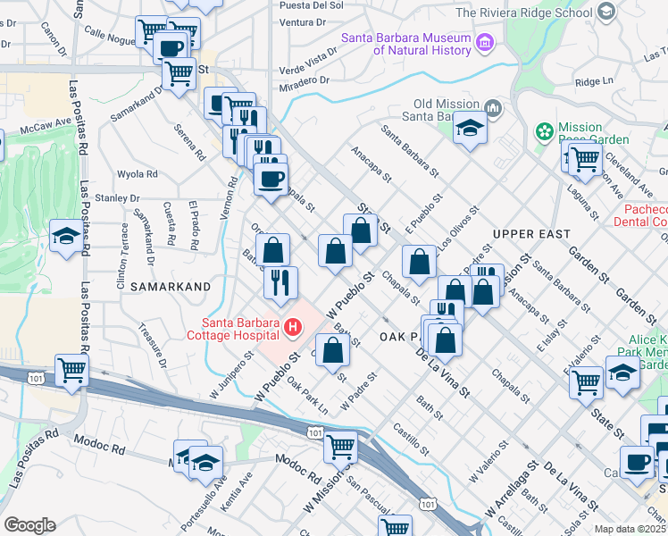 map of restaurants, bars, coffee shops, grocery stores, and more near 2320 De La Vina Street in Santa Barbara
