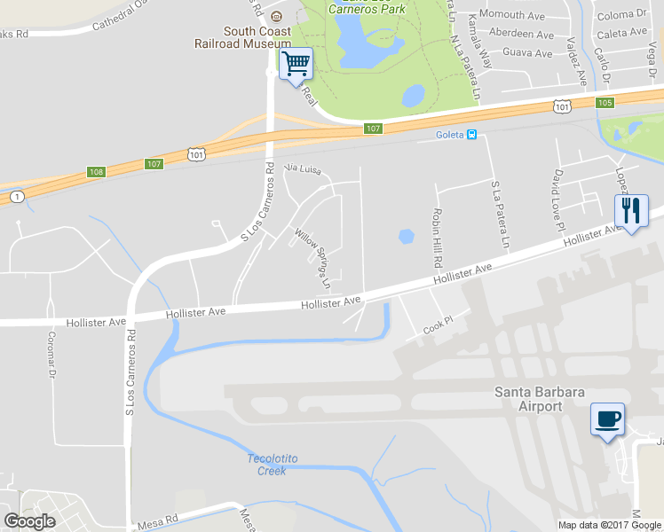 map of restaurants, bars, coffee shops, grocery stores, and more near 130 Willow Springs Lane in Gaviota