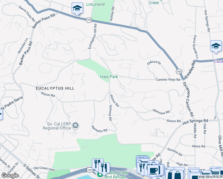 map of restaurants, bars, coffee shops, grocery stores, and more near 802 Camino Viejo Road in Santa Barbara