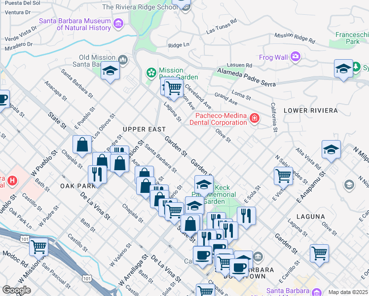 map of restaurants, bars, coffee shops, grocery stores, and more near 305 East Islay Street in Santa Barbara