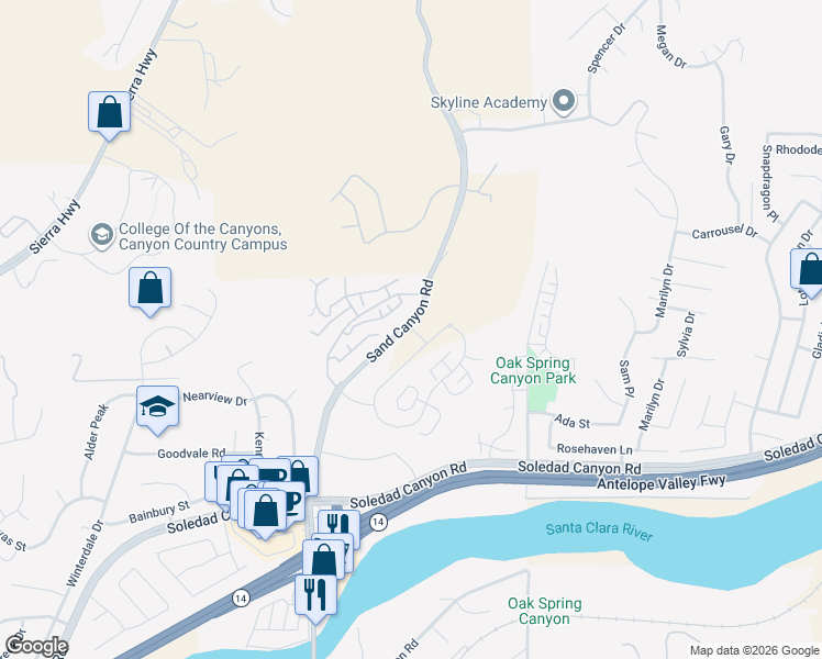 map of restaurants, bars, coffee shops, grocery stores, and more near 28998 Sand Canyon Road in Santa Clarita