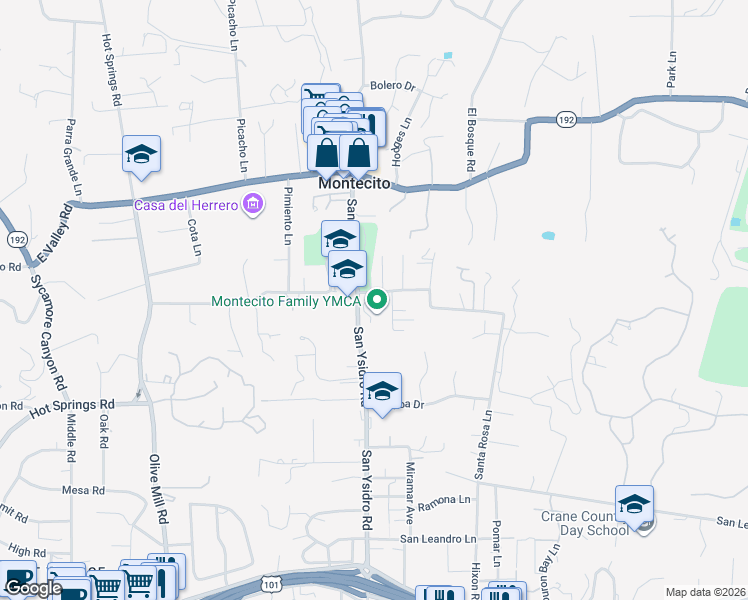 map of restaurants, bars, coffee shops, grocery stores, and more near 591 Santa Rosa Lane in Montecito