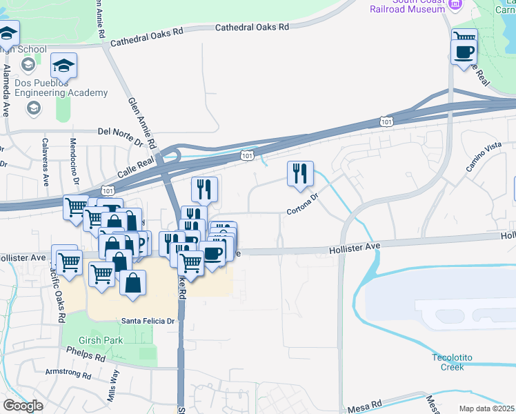 map of restaurants, bars, coffee shops, grocery stores, and more near 6780 Cortona Drive in Goleta
