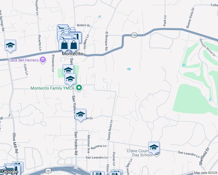 map of restaurants, bars, coffee shops, grocery stores, and more near 430 Santa Rosa Lane in Montecito