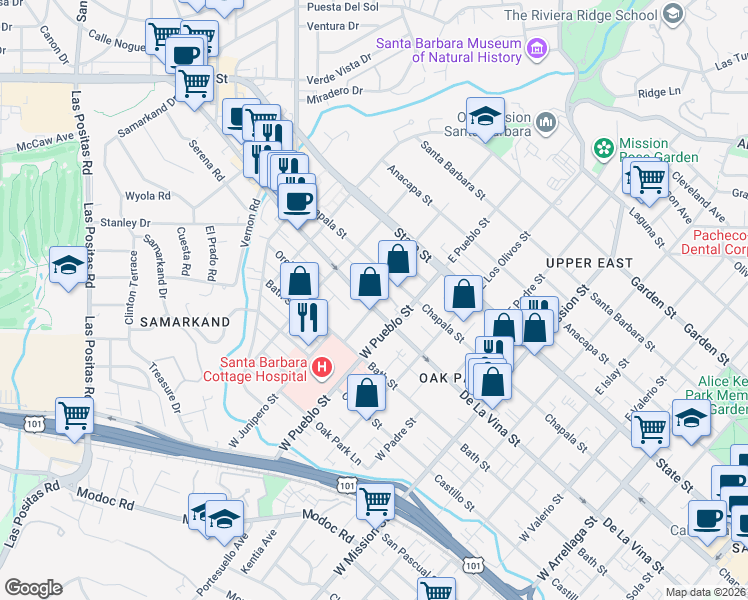 map of restaurants, bars, coffee shops, grocery stores, and more near 2328 De La Vina Street in Santa Barbara