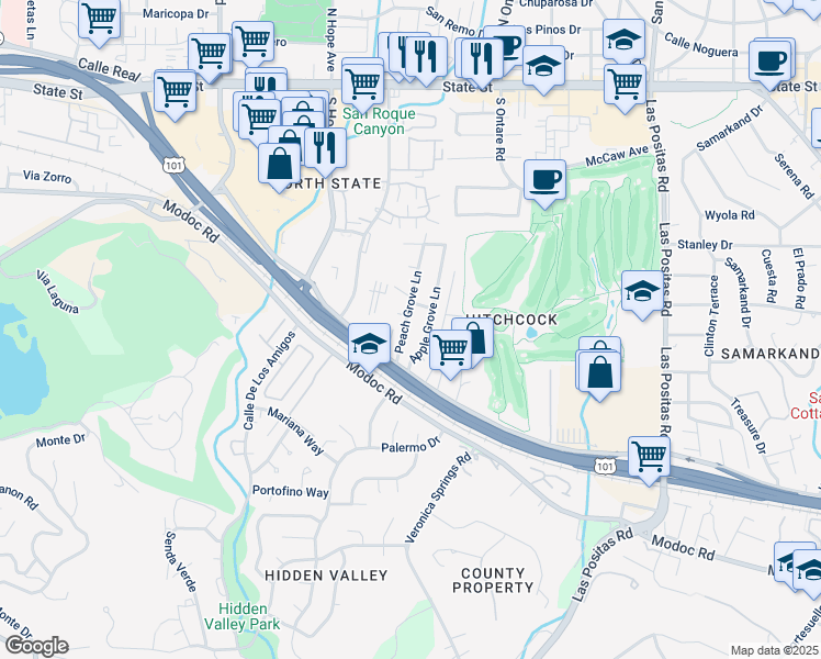 map of restaurants, bars, coffee shops, grocery stores, and more near 427 Peach Grove Lane in Santa Barbara