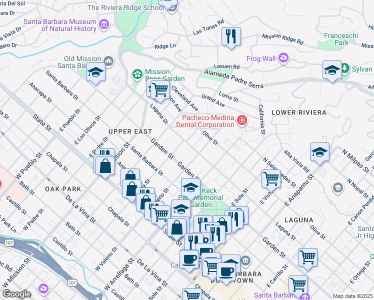 map of restaurants, bars, coffee shops, grocery stores, and more near 1721 Laguna Street in Santa Barbara