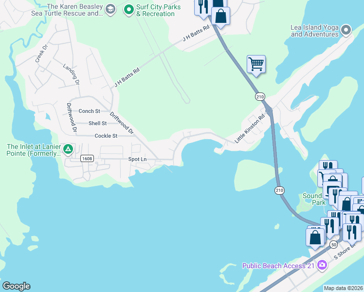 map of restaurants, bars, coffee shops, grocery stores, and more near 544 Little Kinston Rd in Surf City