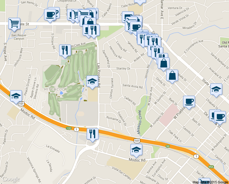map of restaurants, bars, coffee shops, grocery stores, and more near 2704 Clinton Terrace in Santa Barbara
