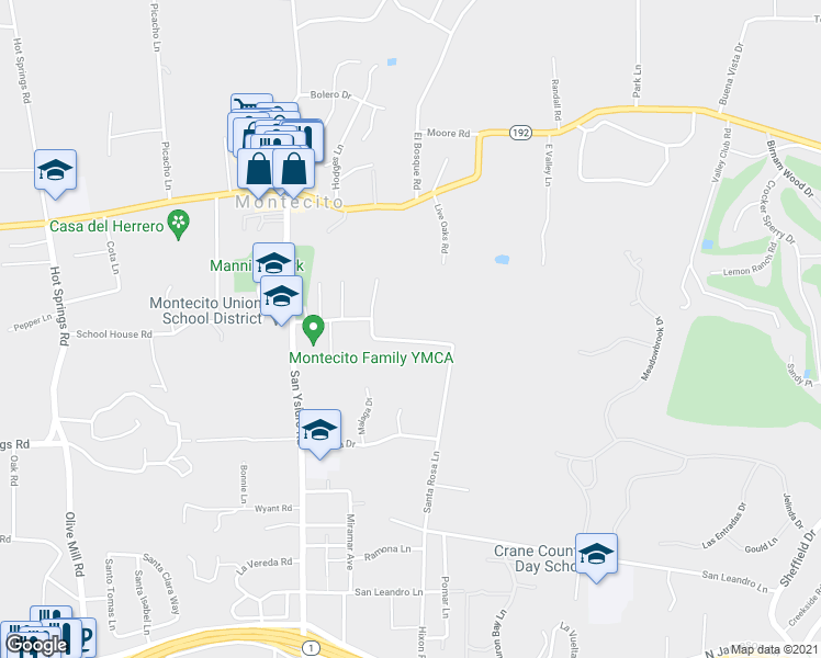 map of restaurants, bars, coffee shops, grocery stores, and more near 458 Santa Rosa Lane in Montecito