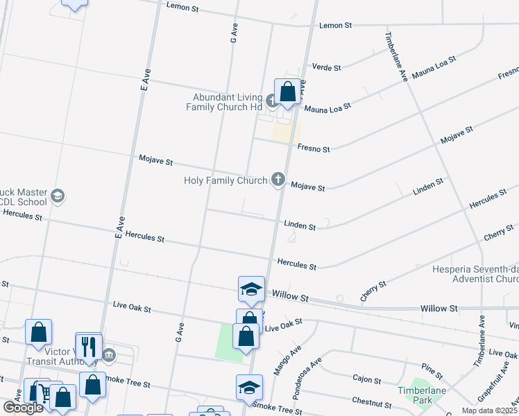 map of restaurants, bars, coffee shops, grocery stores, and more near 17598 Linden Street in Hesperia