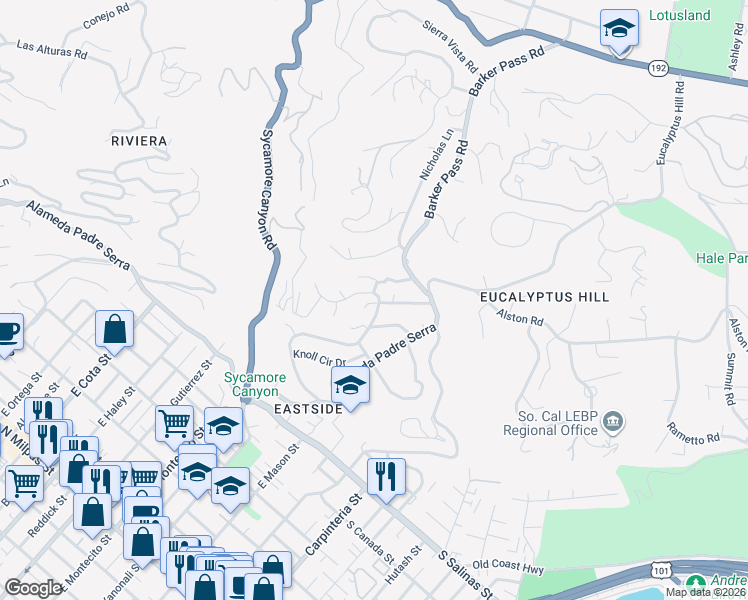 map of restaurants, bars, coffee shops, grocery stores, and more near 113 Cedar Lane in Santa Barbara