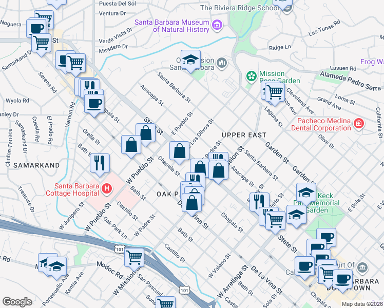 map of restaurants, bars, coffee shops, grocery stores, and more near 2124 State Street in Santa Barbara