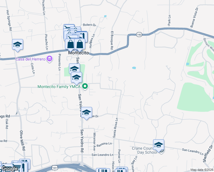 map of restaurants, bars, coffee shops, grocery stores, and more near 458 Santa Rosa Lane in Montecito