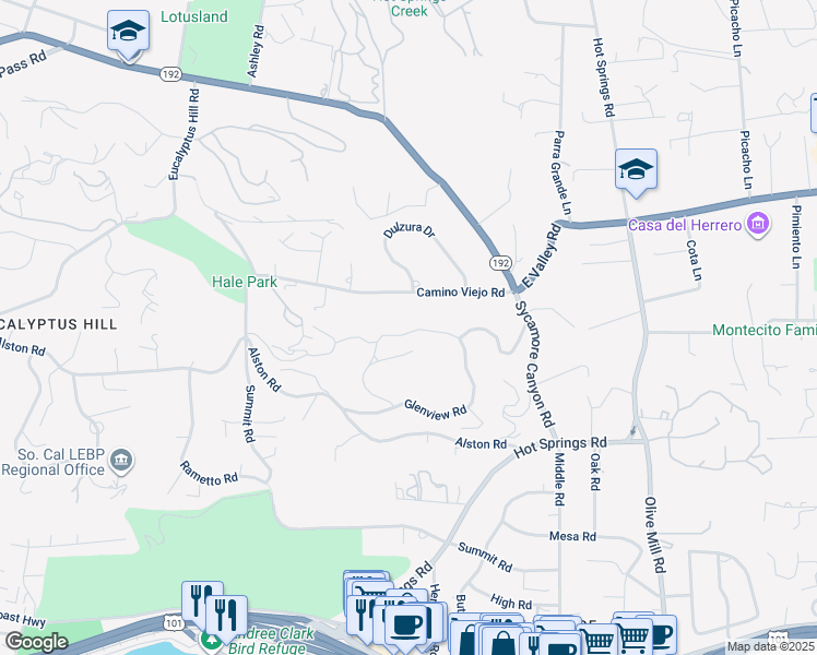 map of restaurants, bars, coffee shops, grocery stores, and more near 385 Woodley Road in Montecito