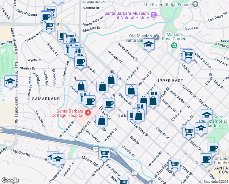 map of restaurants, bars, coffee shops, grocery stores, and more near 2301 Chapala Street in Santa Barbara