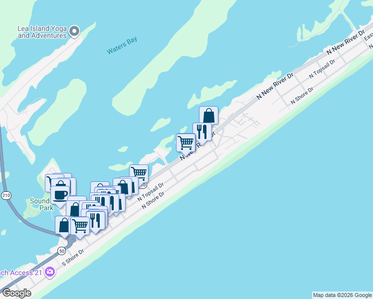 map of restaurants, bars, coffee shops, grocery stores, and more near 517 North New River Drive in Surf City