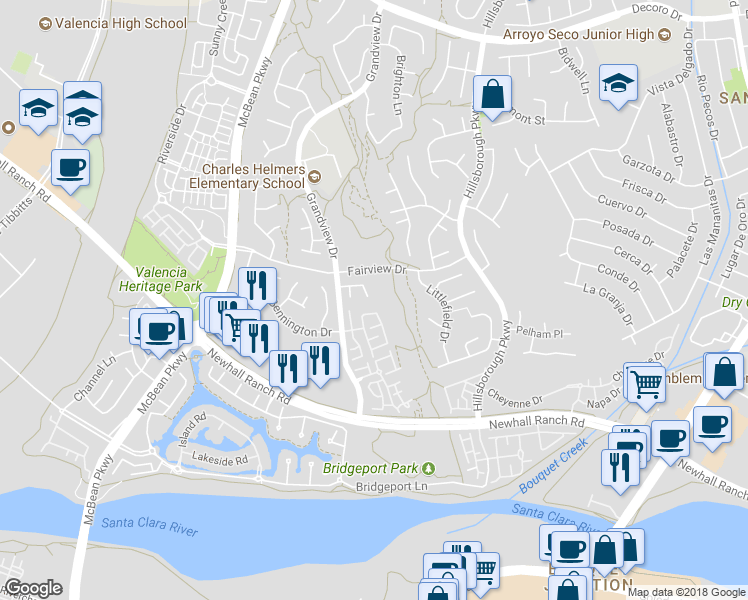 map of restaurants, bars, coffee shops, grocery stores, and more near 23701 Cameron Court in Santa Clarita