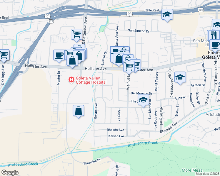 map of restaurants, bars, coffee shops, grocery stores, and more near 5205 Calle Morelia in Santa Barbara