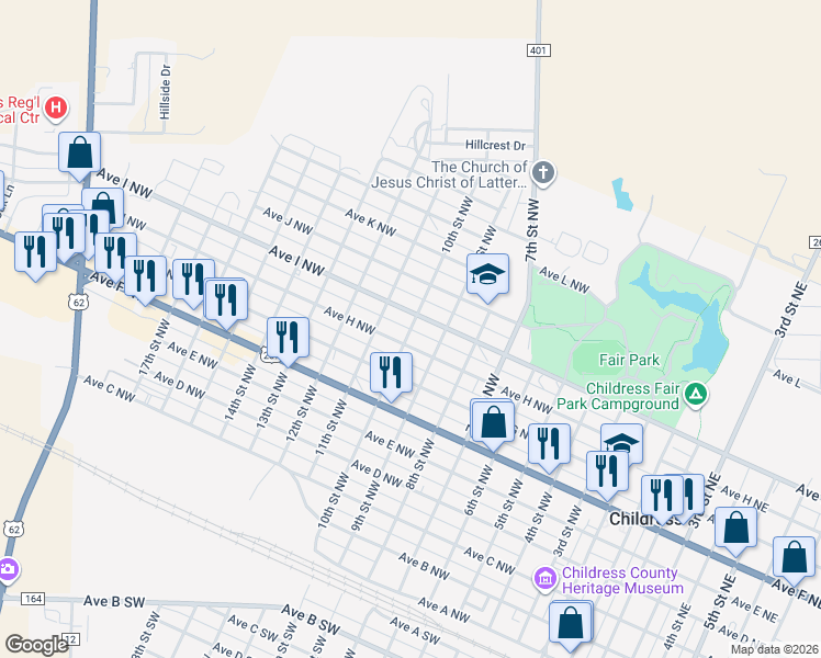 map of restaurants, bars, coffee shops, grocery stores, and more near 10th Street Northwest in Childress