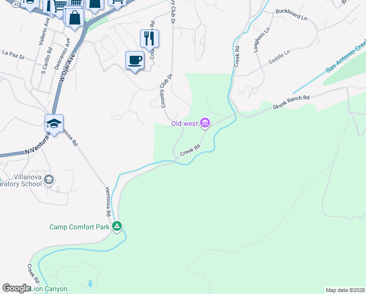 map of restaurants, bars, coffee shops, grocery stores, and more near 1244 Country Club Drive in Ojai