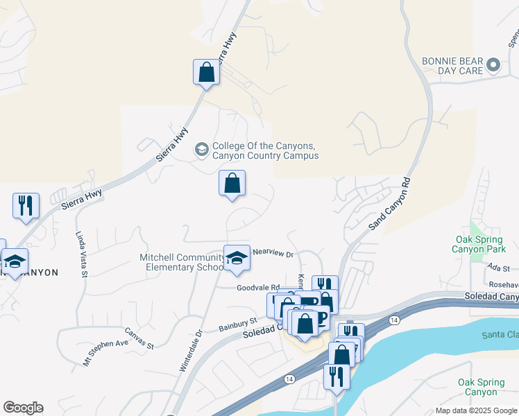map of restaurants, bars, coffee shops, grocery stores, and more near 28783 Winterdale Drive in Santa Clarita