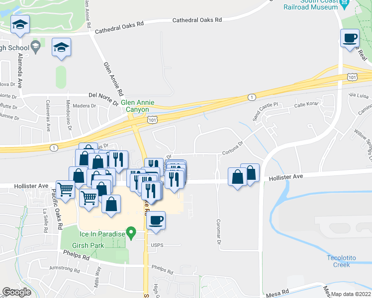 map of restaurants, bars, coffee shops, grocery stores, and more near 6800 Cortona Drive in Goleta