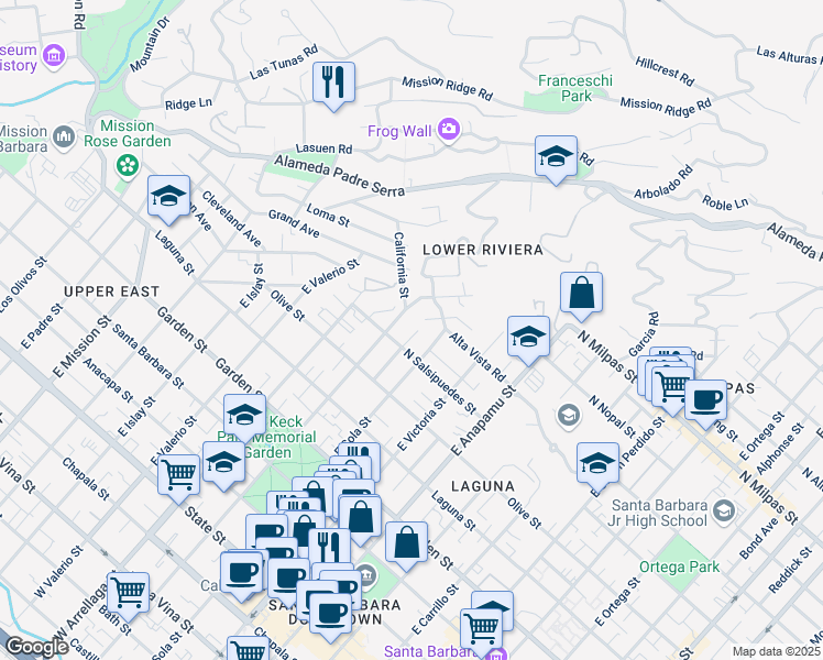 map of restaurants, bars, coffee shops, grocery stores, and more near 618 De La Vista Avenue in Santa Barbara