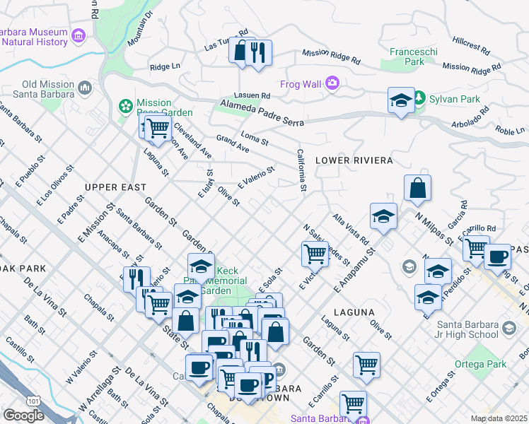 map of restaurants, bars, coffee shops, grocery stores, and more near 516 East Arrellaga Street in Santa Barbara